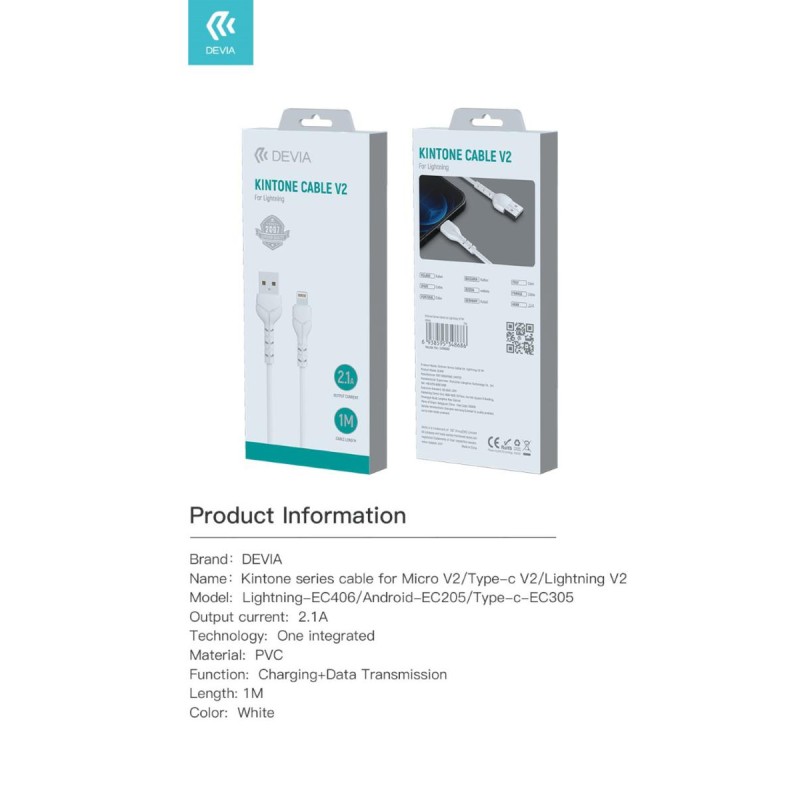 DEVIA CAVO USB LIGHTNING APPLE 5V 2.1A 1MT WHITE