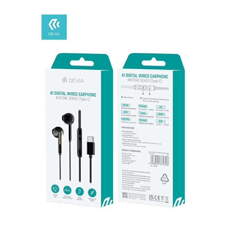 DEVIA AURICOLARI A1 DIGITAL FILO CON CONNETTORE TYPE-C BLACK
